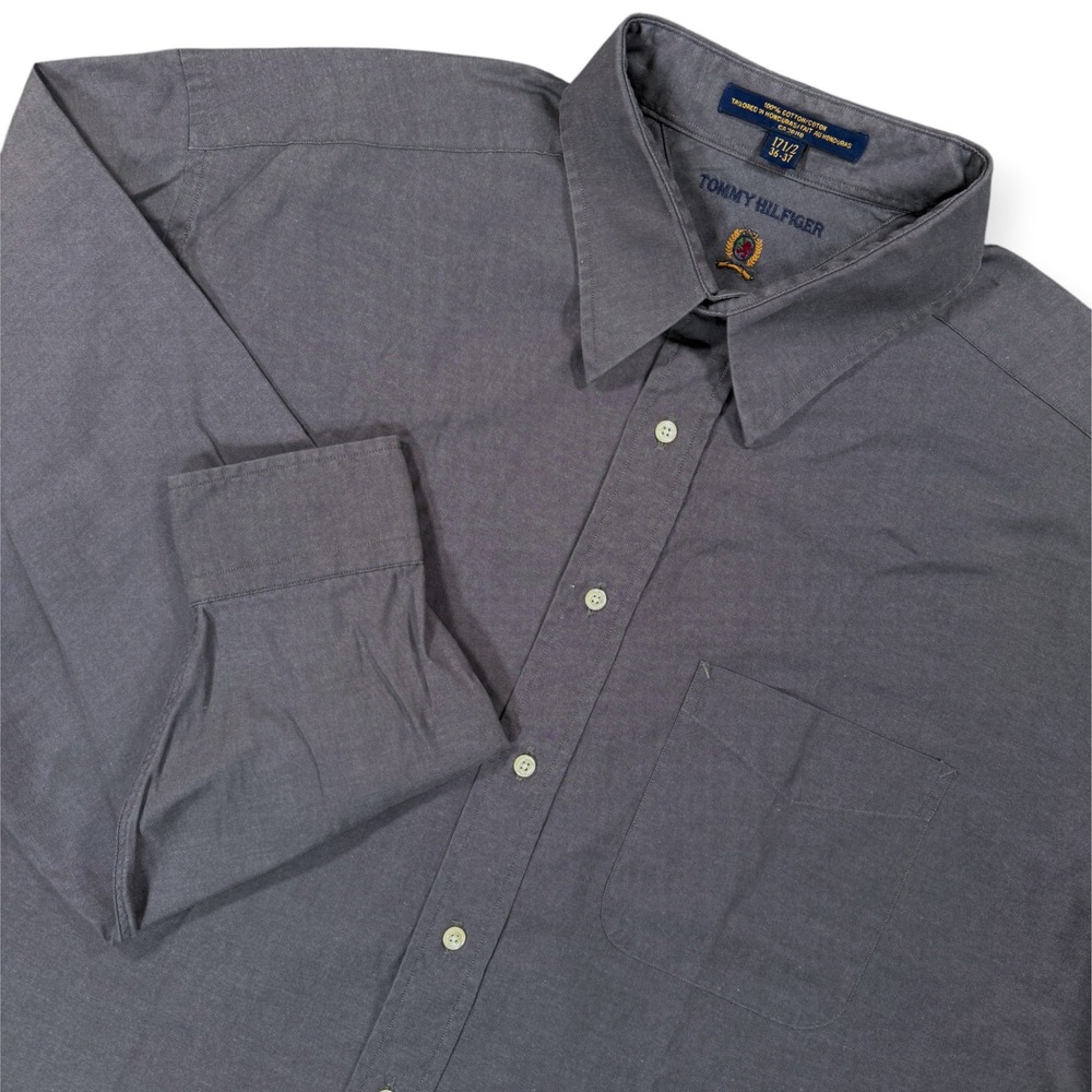 TOMMY HILFIGER Button Up Long Sleeve Shirt Mens 17.5 36-37 Gray Cotton Solid